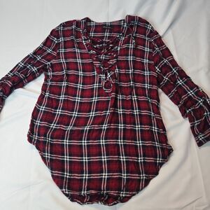 Plaid Lace Up Top for Women S Red Y2K Sexy Peasant 90s Rockabilly 100% Rayon